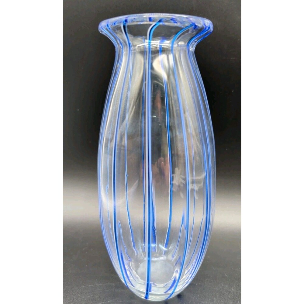 Vintage Hand Blown Art Glass Vase Flared Rim Clear Blue Vertical Ribbon Stripes